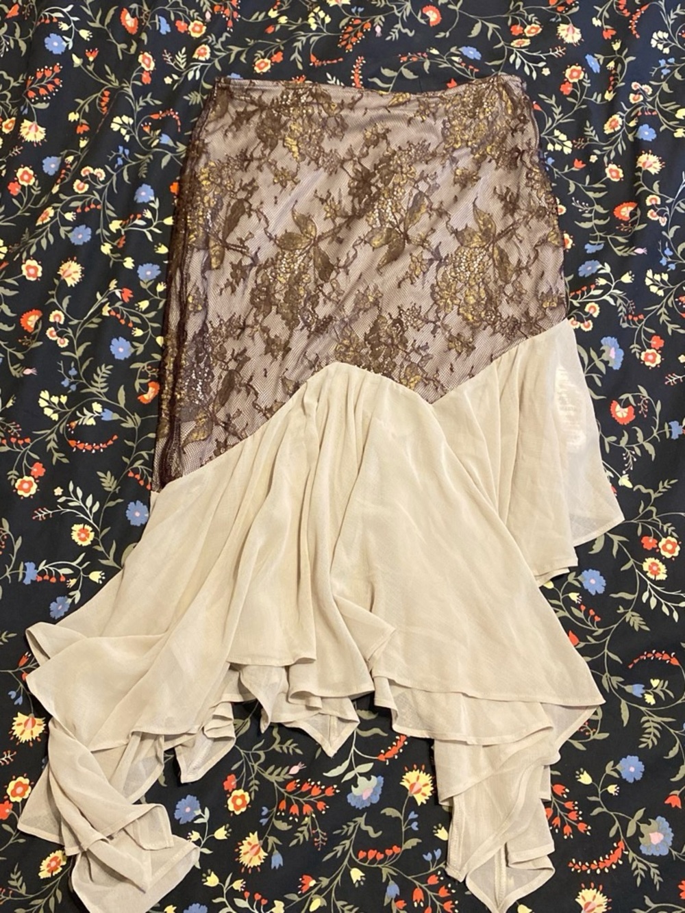 Kimchi Blue Beige and Brown Lace Asymmetrical Ruffle Skirt